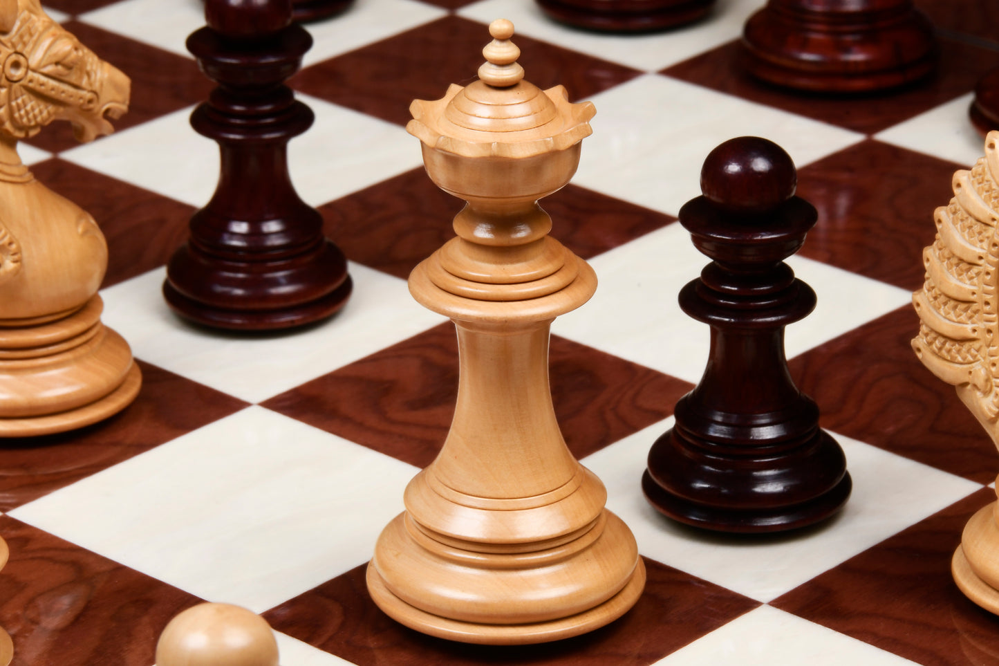 The Sikh Empire Series Triple Weighted Wooden Handmade Chess Pieces in Bud Rosewood (Padauk) and Indian Boxwood - 4.5" King