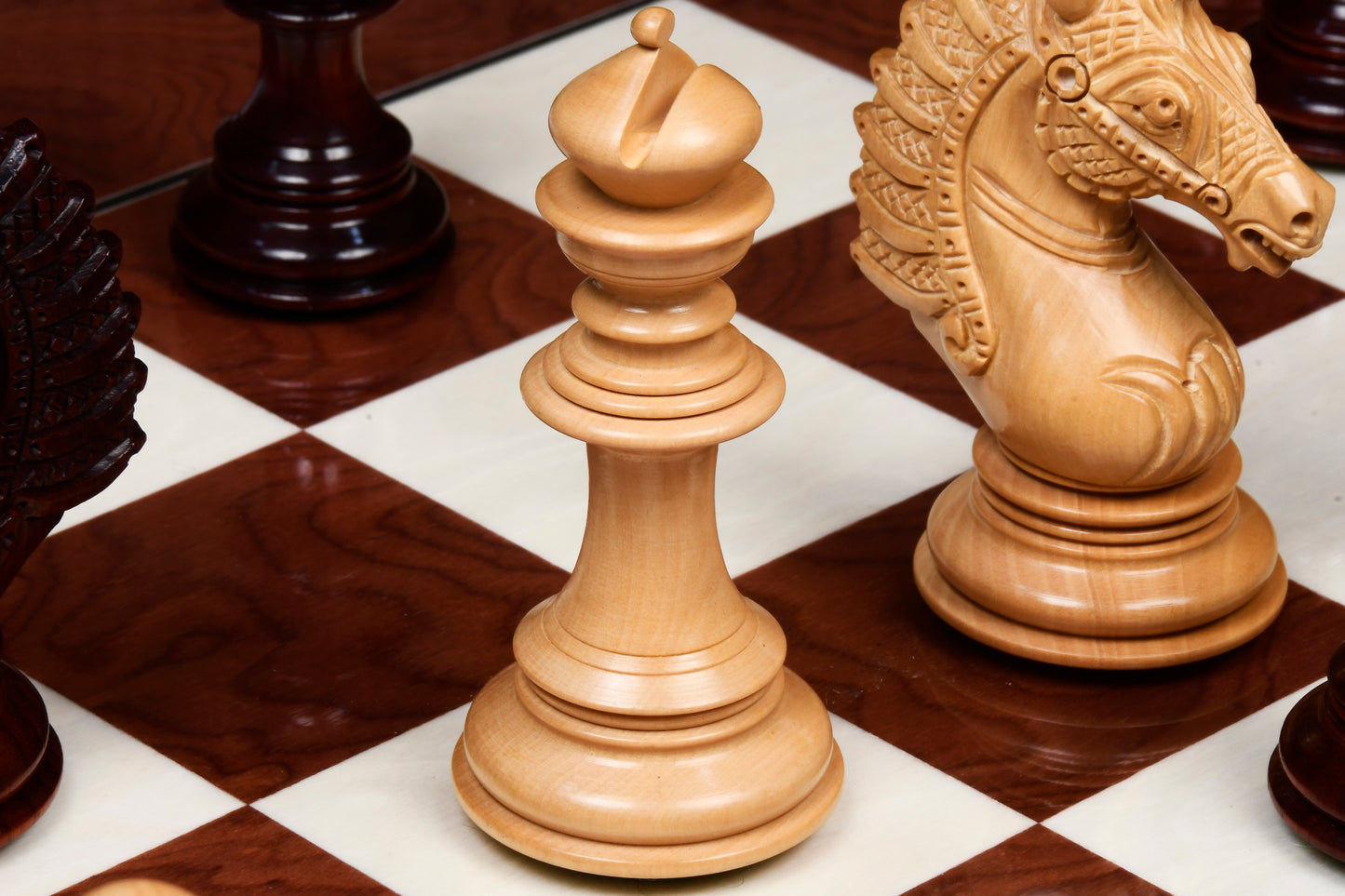 The Sikh Empire Series Triple Weighted Wooden Handmade Chess Pieces in Bud Rosewood (Padauk) and Indian Boxwood - 4.5" King