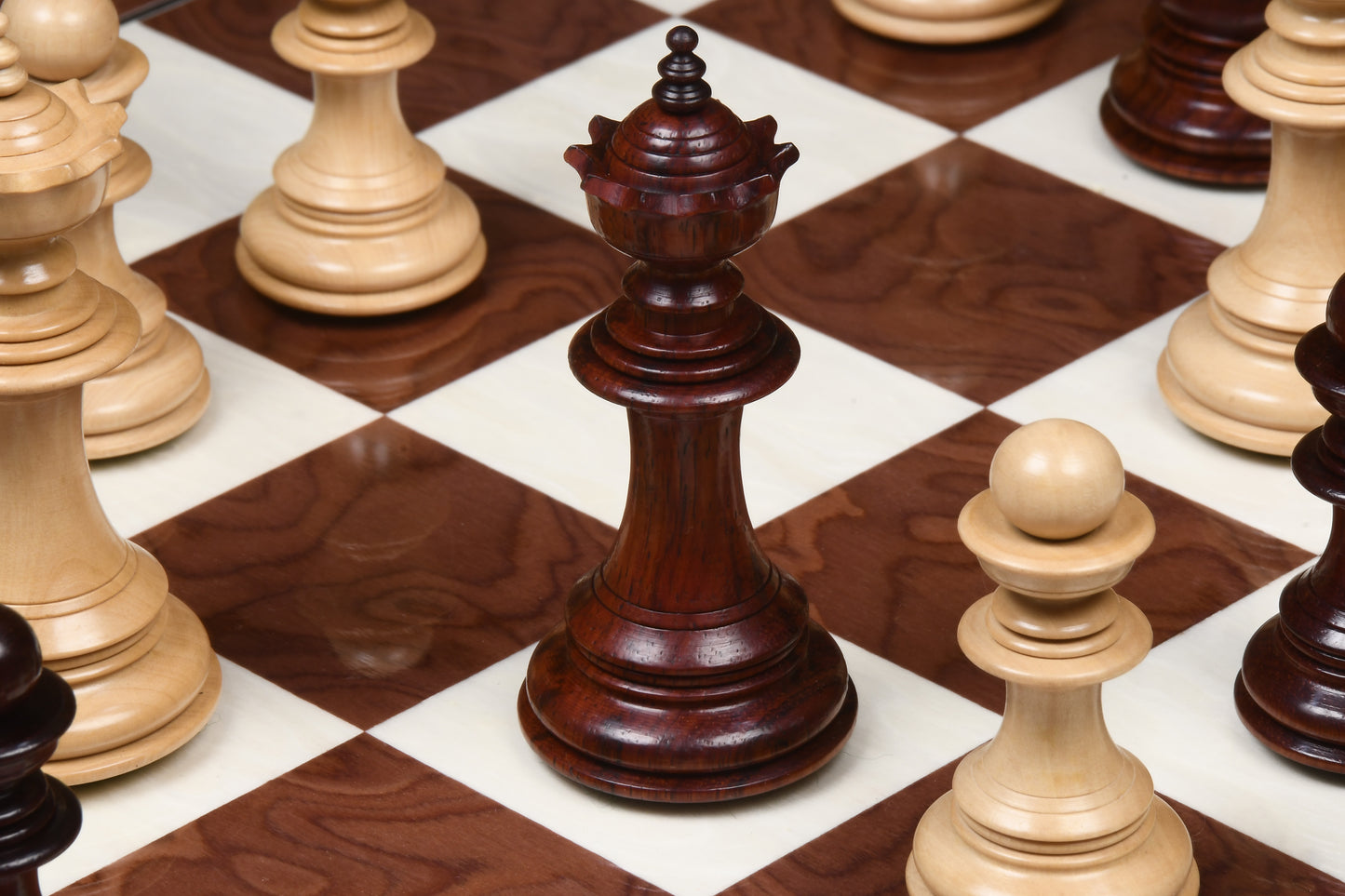 The Sikh Empire Series Triple Weighted Wooden Handmade Chess Pieces in Bud Rosewood (Padauk) and Indian Boxwood - 4.5" King