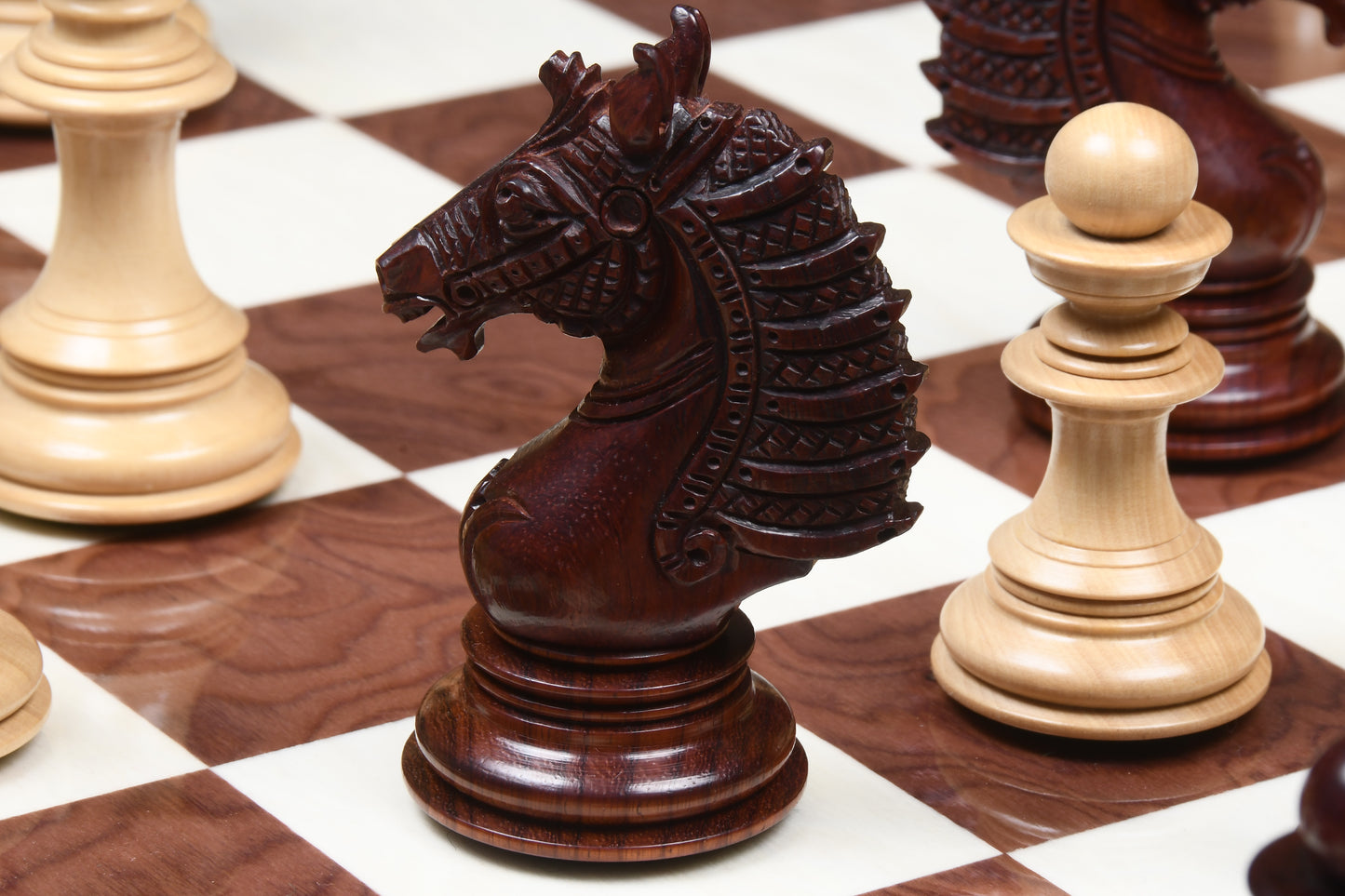 The Sikh Empire Series Triple Weighted Wooden Handmade Chess Pieces in Bud Rosewood (Padauk) and Indian Boxwood - 4.5" King