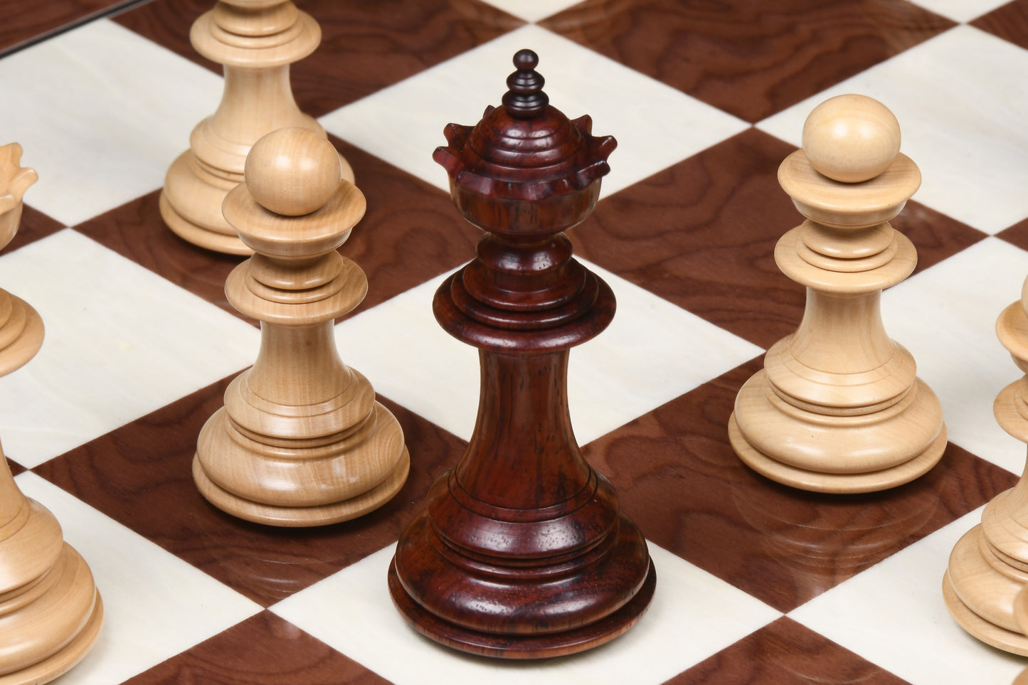 The Sikh Empire Series Triple Weighted Wooden Handmade Chess Pieces in Bud Rosewood (Padauk) and Indian Boxwood - 4.5" King