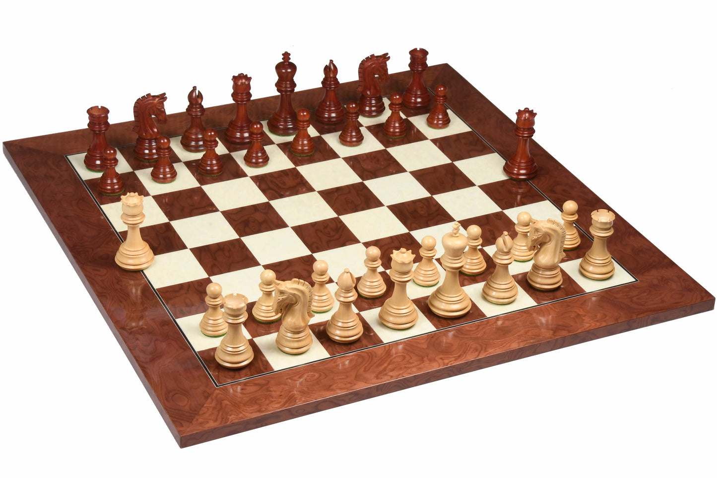 The New Imperial Weighted Staunton Chess Pieces in Bud Rosewood and Boxwood - 3.75" King with Extra Queens