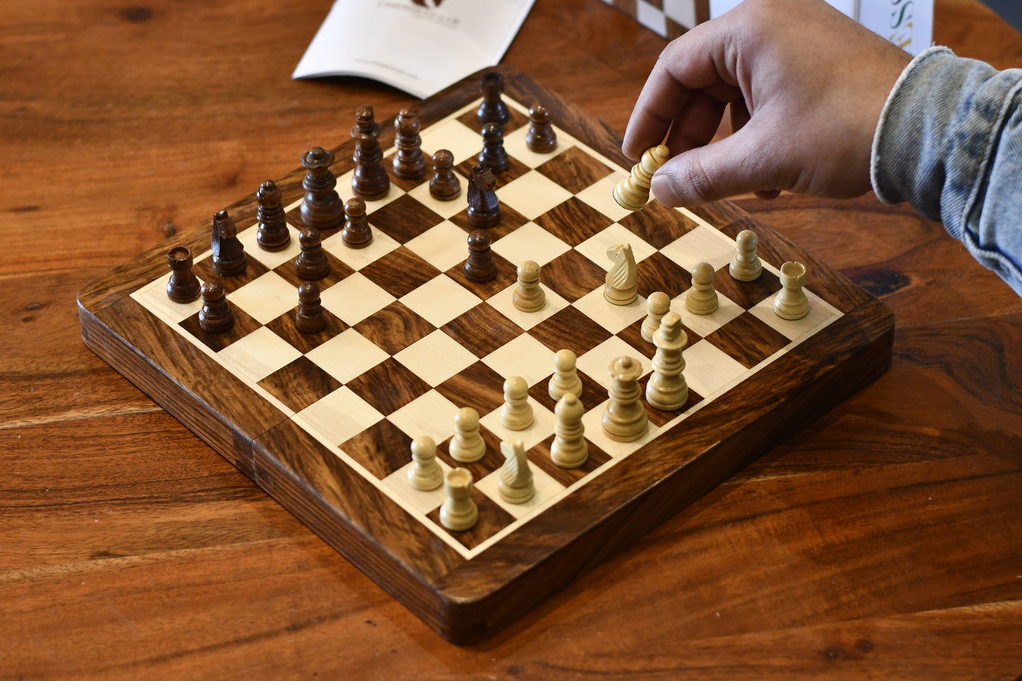 Foldable magnetic travel chess in Sheesham & Maple-10" 