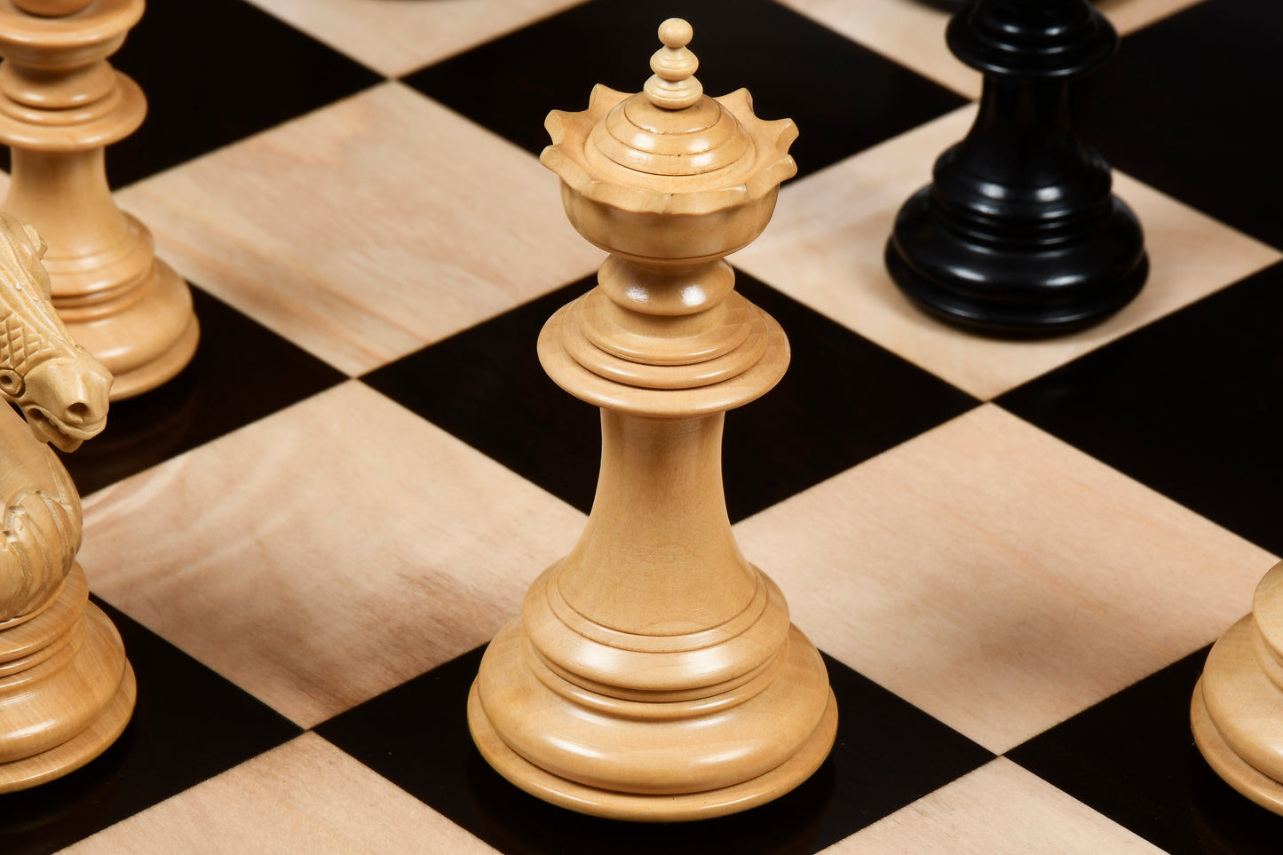 The Sikh Empire Series Triple Weighted Wooden Handmade Chess Pieces in Genuine Ebony Wood and Indian Boxwood - 4.5" King with Extra Queens