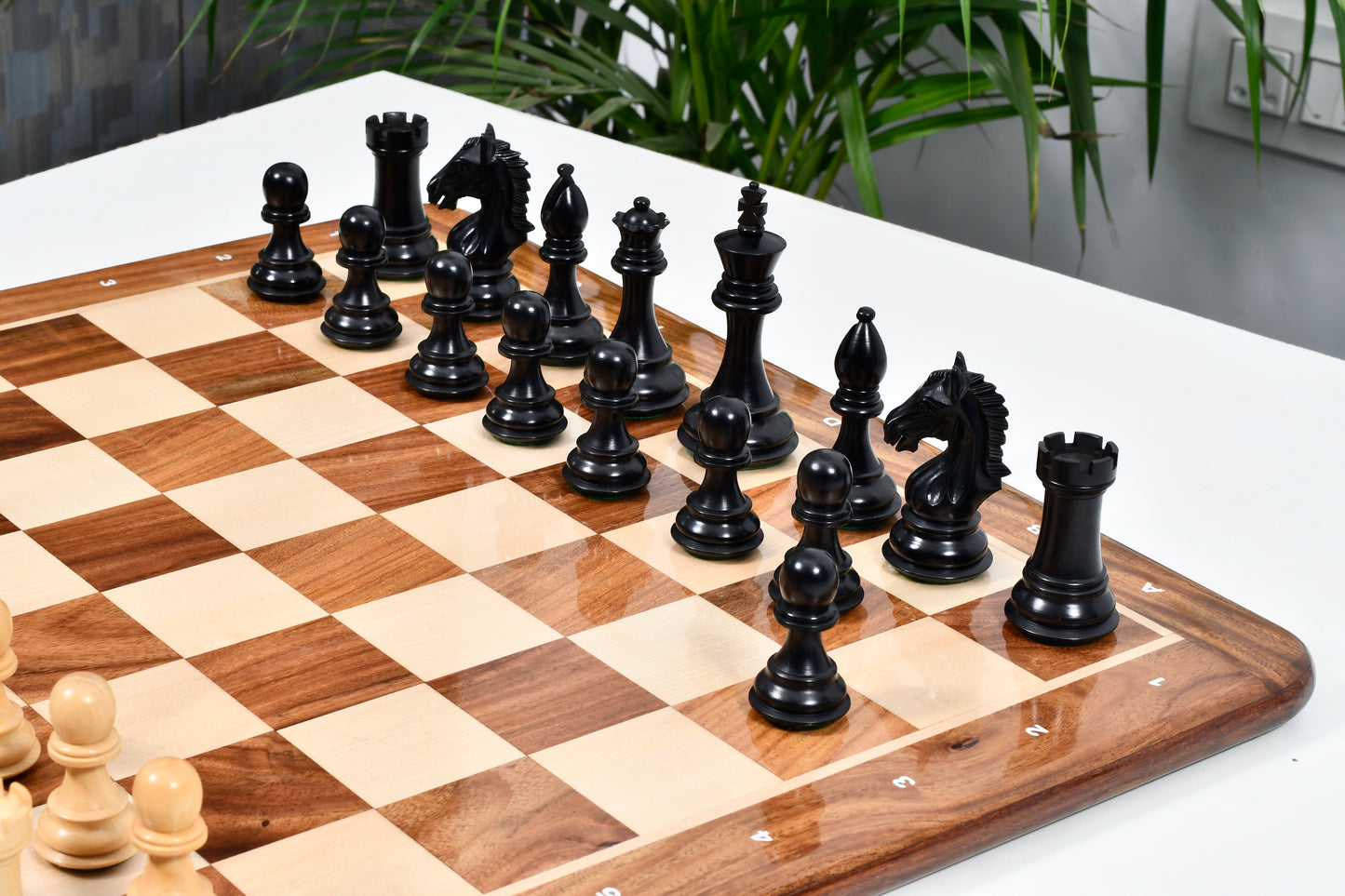 Derby Knight Chessmen in Ebonized Wood- 4.1" King with 21" Notation Board