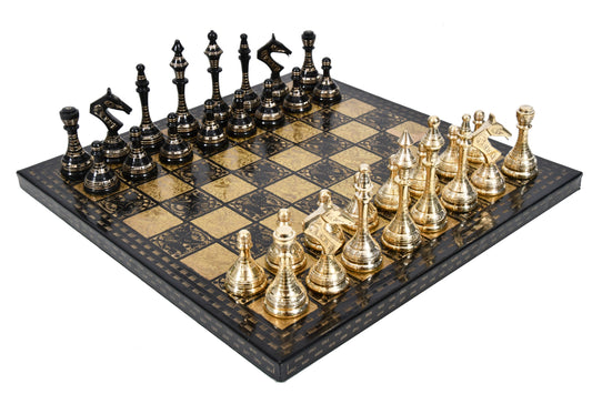 Brass Metal Luxury Chess Pieces & Board Combo Set in Shiny Gold and Black Color