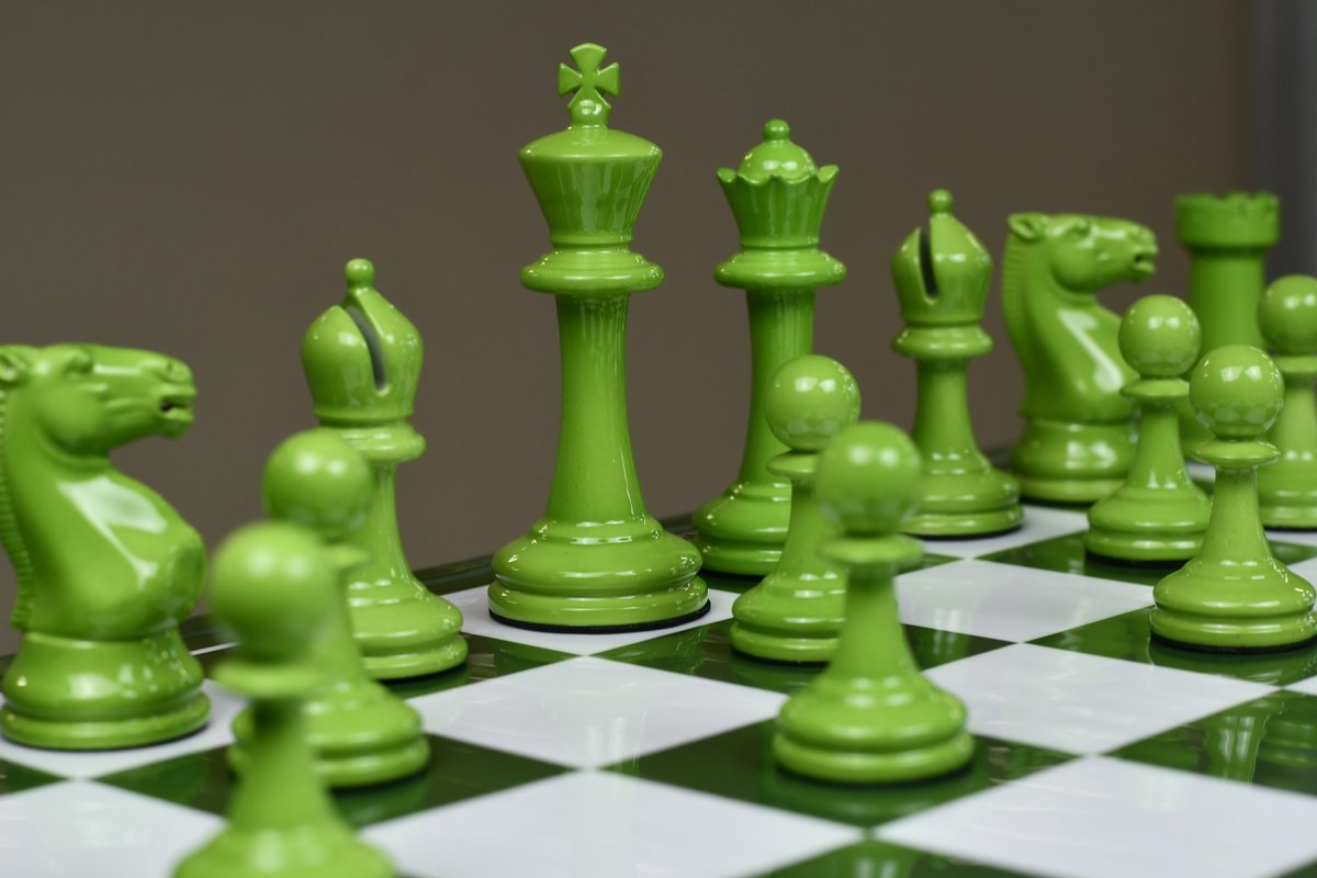 The Shamrock Weighted Chess Set Painted in Vivid Irish Green and White Plastic - 3.75" King with Chess Board