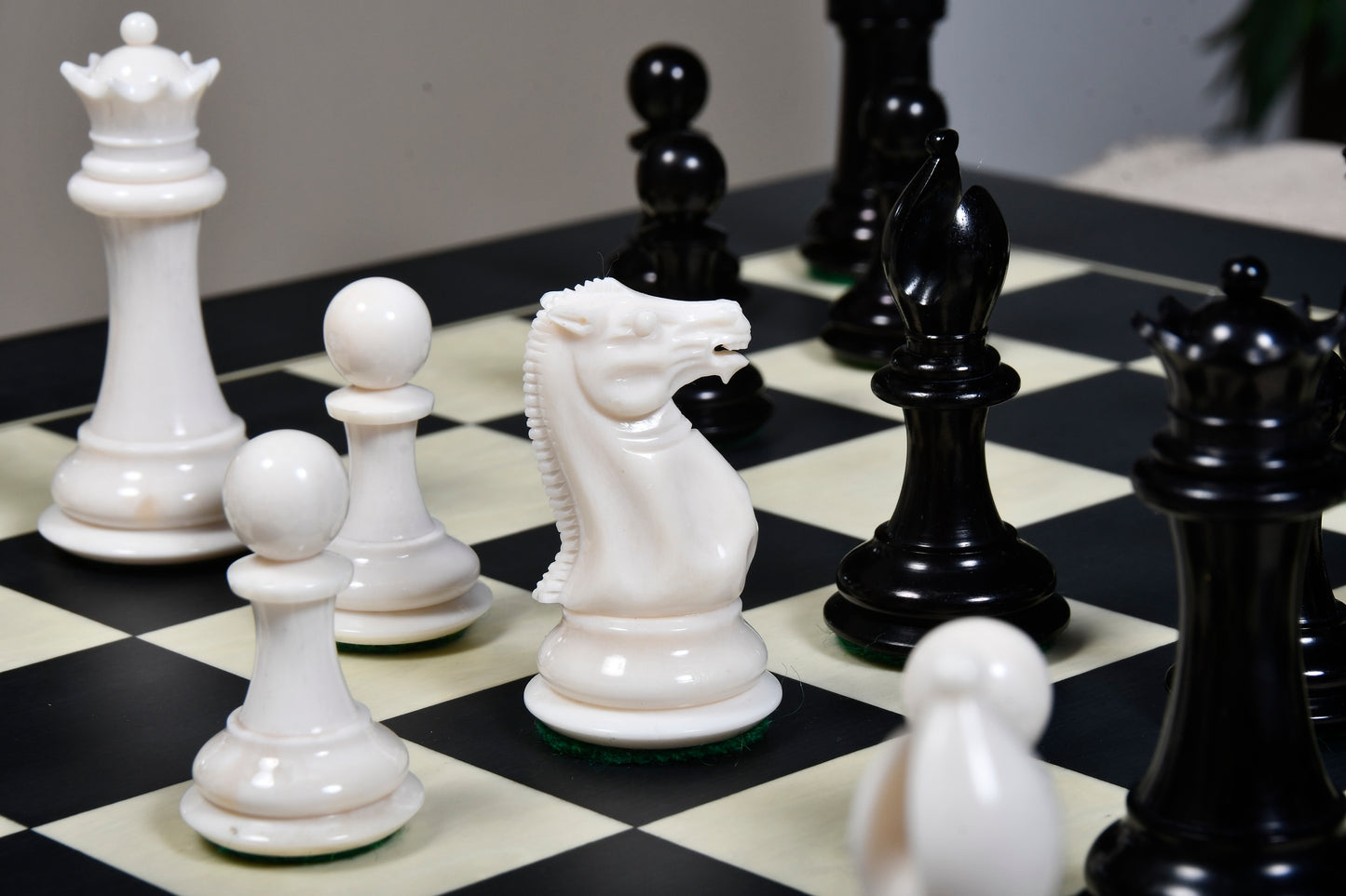 19th Century Staunton Pattern Inspired Camel Bone Chess Set in Black Dyed & Bleached White - 3.6" King