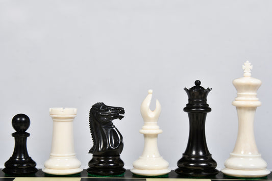 19th Century Staunton Pattern Inspired Camel Bone Chess Set in Black Dyed & Bleached White - 3.6" King