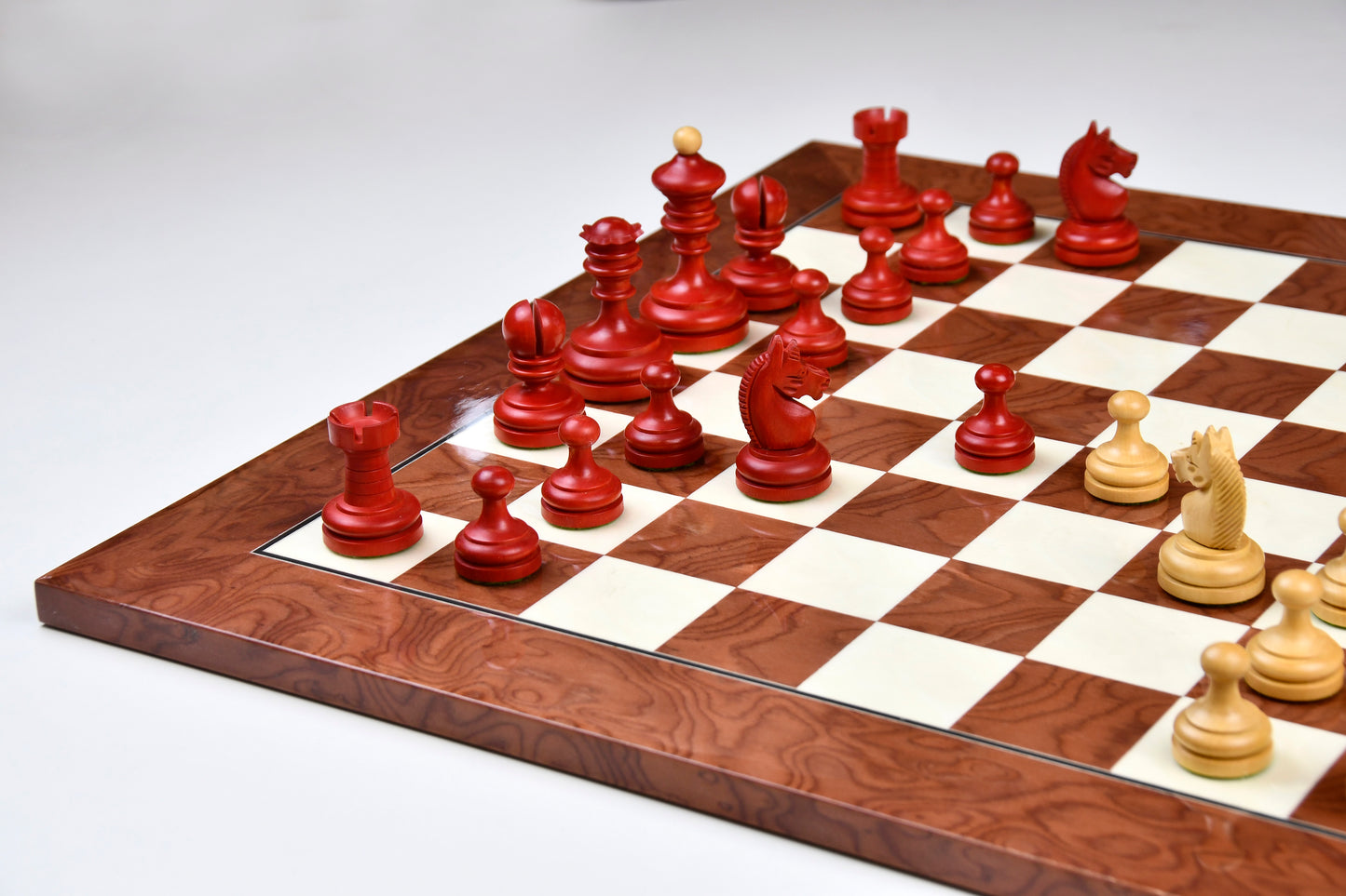 Repro Vintage 1930 German Knubbel Analysis Chess Pieces in Stained Crimson & Boxwood - 3" King with Board