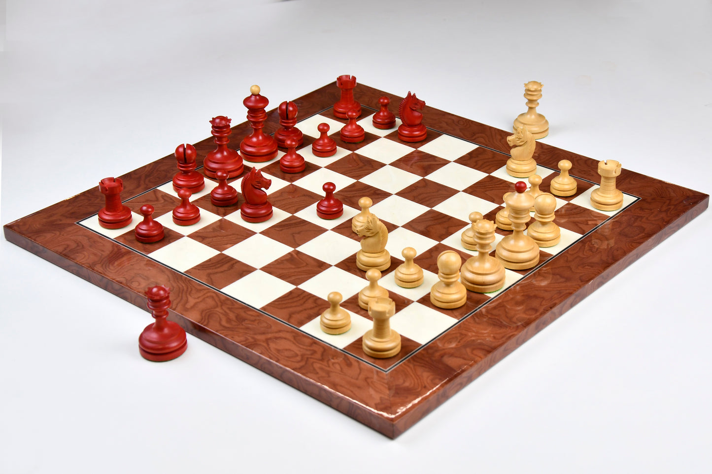 Repro Vintage 1930 German Knubbel Analysis Chess Pieces in Stained Crimson & Boxwood - 3" King with Board