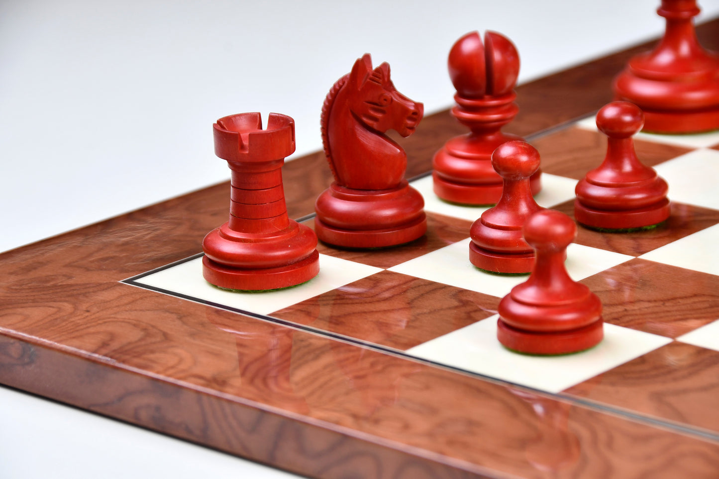 Repro Vintage 1930 German Knubbel Analysis Chess Pieces in Stained Crimson & Boxwood - 3" King with Board