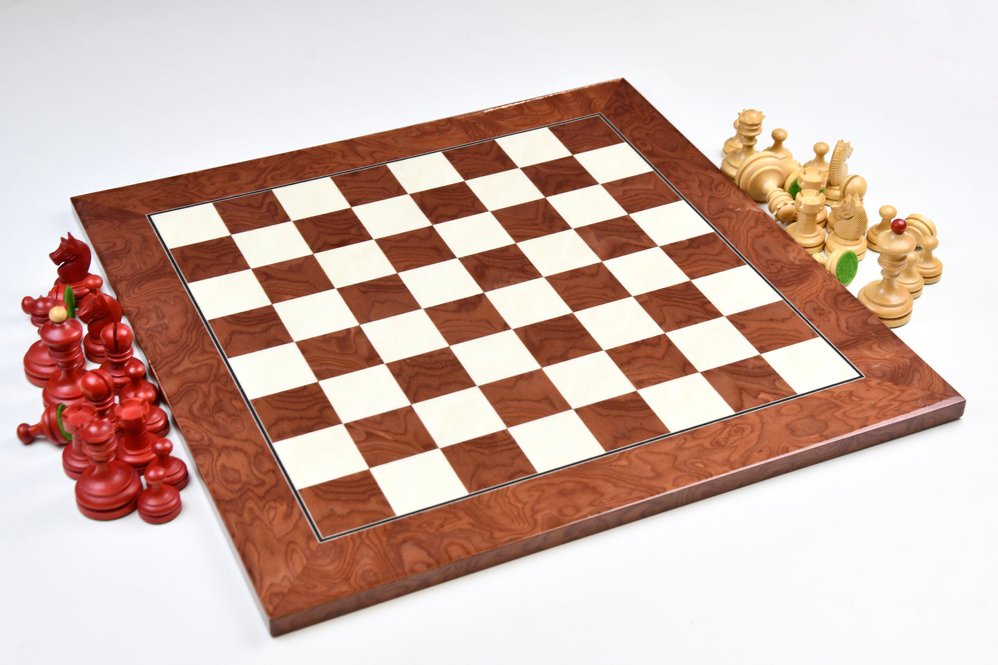 Repro Vintage 1930 German Knubbel Analysis Chess Pieces in Stained Crimson & Boxwood - 3" King with Board