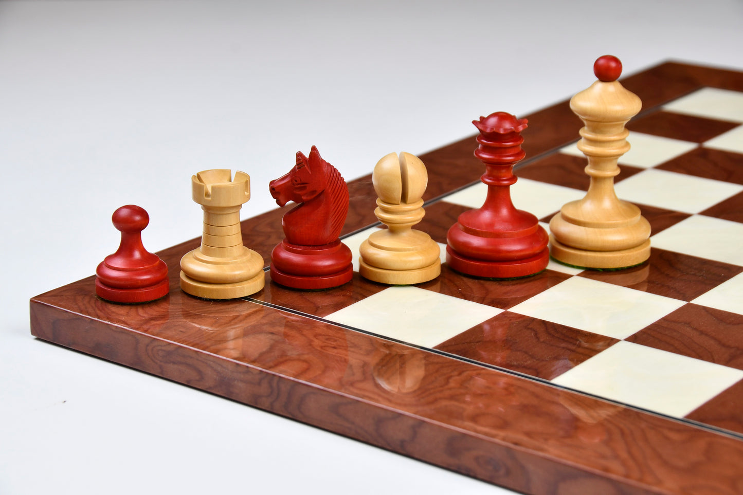 Repro Vintage 1930 German Knubbel Analysis Chess Pieces in Stained Crimson & Boxwood - 3" King with Board