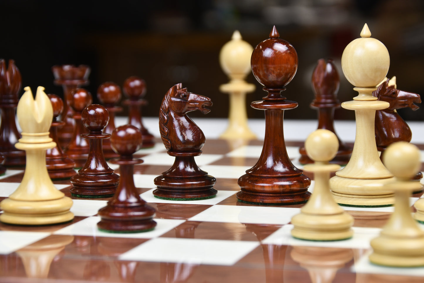 Reproduced 3.5" King Size William Hamlett Wooden Chess Pieces in Bud Rosewood/ Boxwood