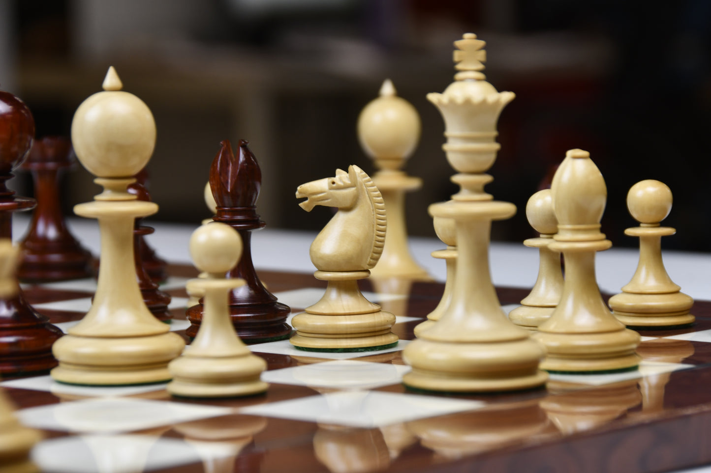 Reproduced 3.5" King Size William Hamlett Wooden Chess Pieces in Bud Rosewood/ Boxwood