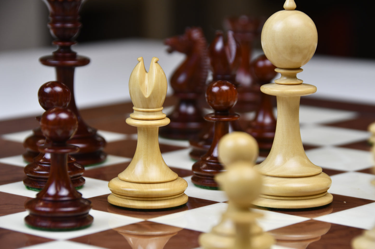 Reproduced 3.5" King Size William Hamlett Wooden Chess Pieces in Bud Rosewood/ Boxwood