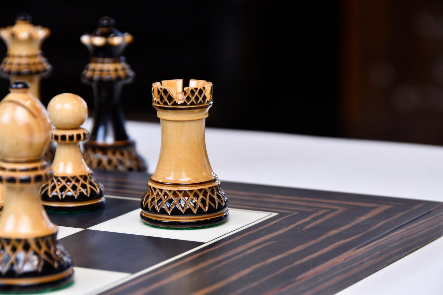 The Parker Staunton Series Lacquered Chess Pieces in Burnt Boxwood & Natural Boxwood - 3.9" King