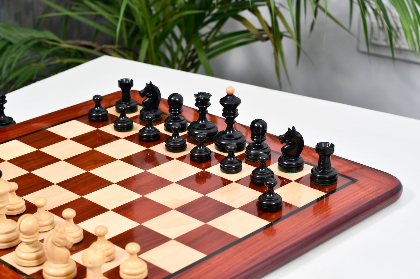 Repro Vintage 1930 German Knubbel Chess Pieces in Ebonized/Boxwood - 3" King with Board