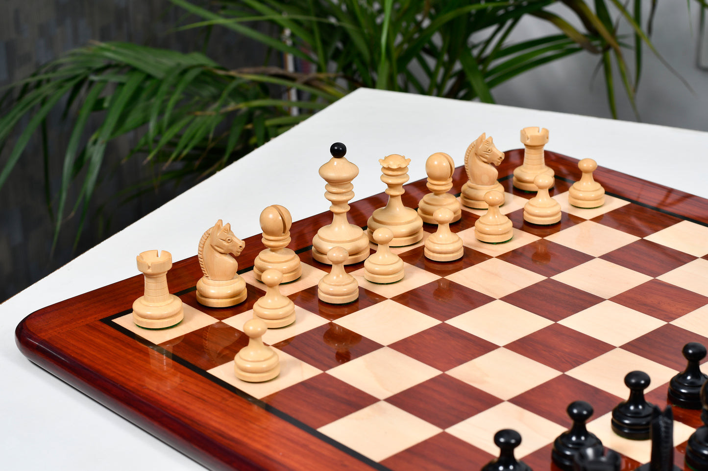 Repro Vintage 1930 German Knubbel Chess Pieces in Ebonized/Boxwood - 3" King with Board
