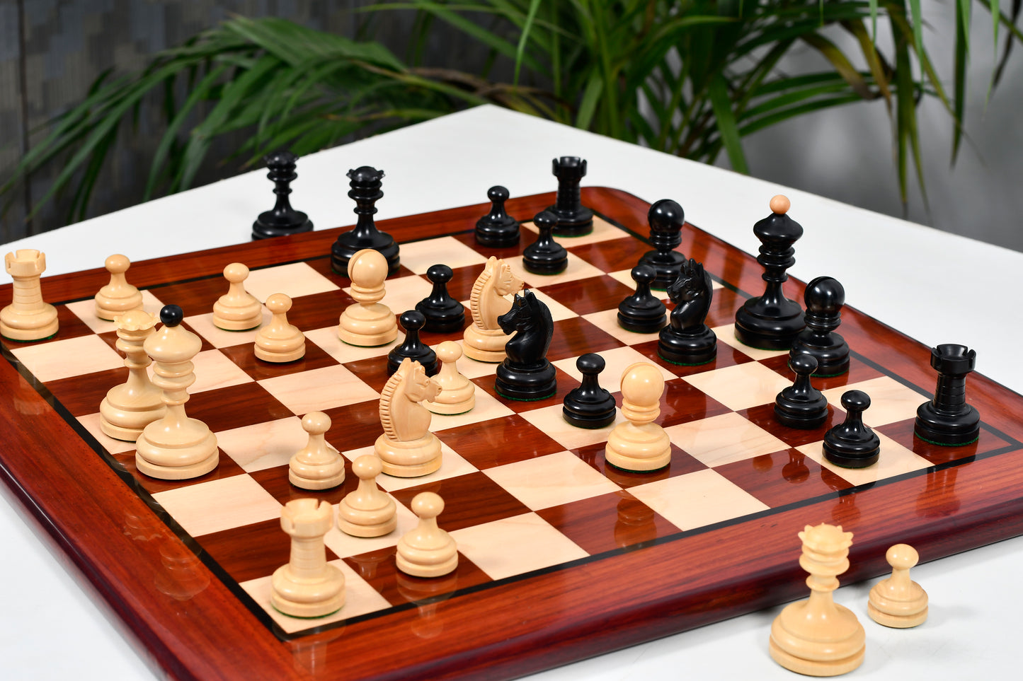 Repro Vintage 1930 German Knubbel Chess Pieces in Ebonized/Boxwood - 3" King with Board