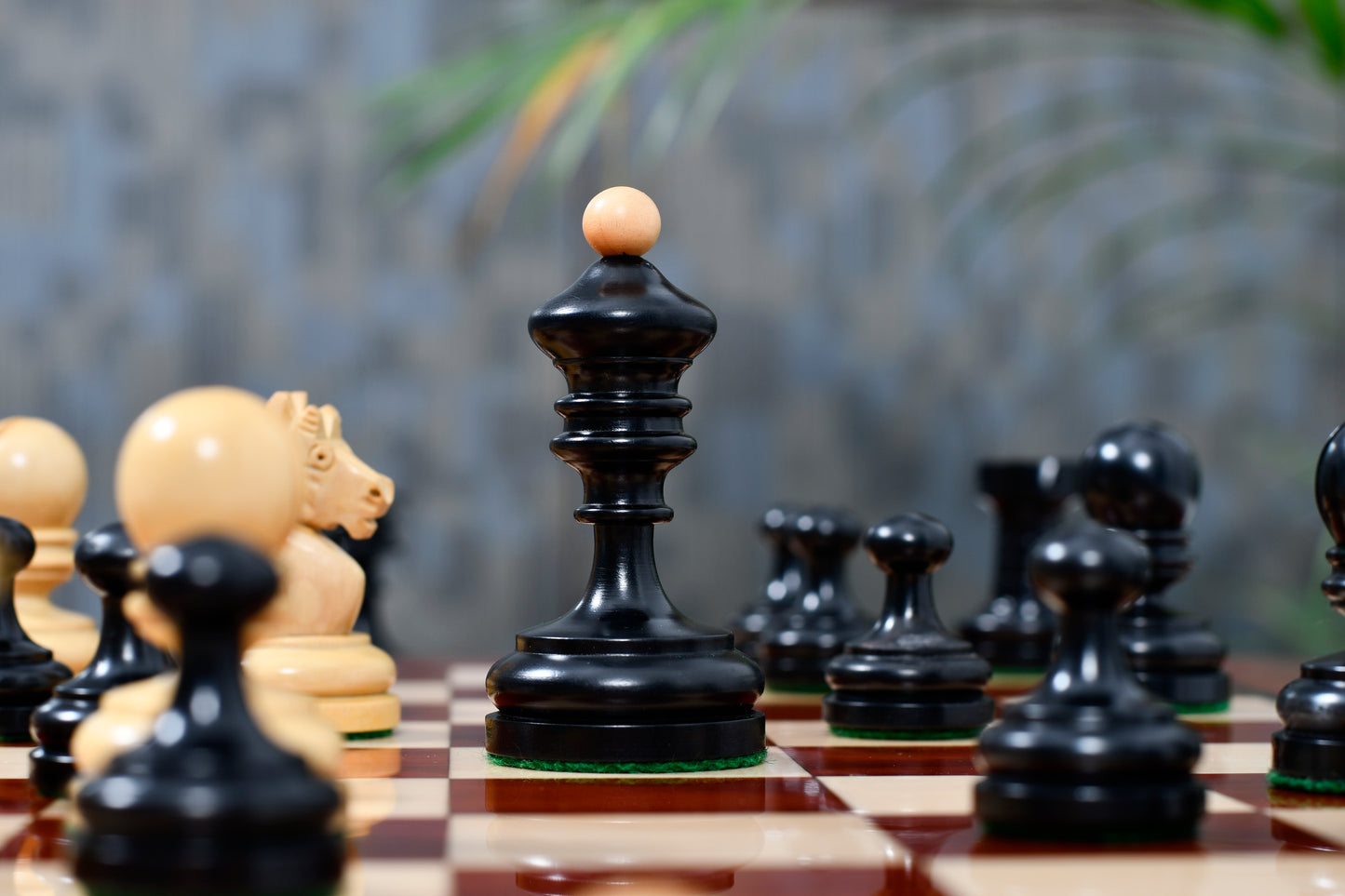 Repro Vintage 1930 German Knubbel Chess Pieces in Ebonized/Boxwood - 3" King with Board