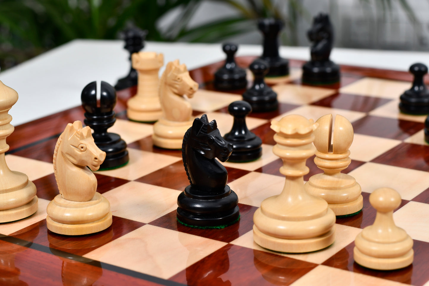 Repro Vintage 1930 German Knubbel Chess Pieces in Ebonized/Boxwood - 3" King with Board