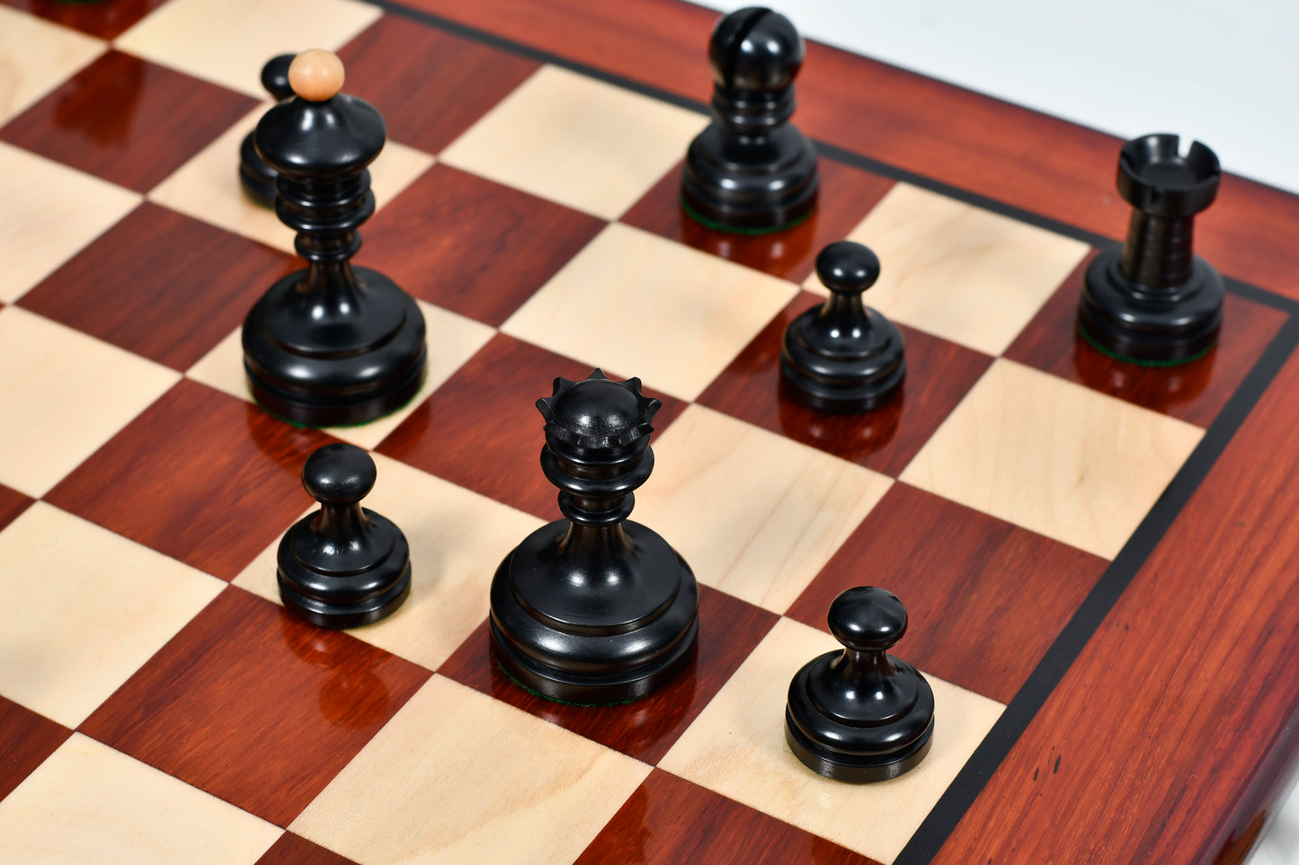 Repro Vintage 1930 German Knubbel Chess Pieces in Ebonized/Boxwood - 3" King with Board