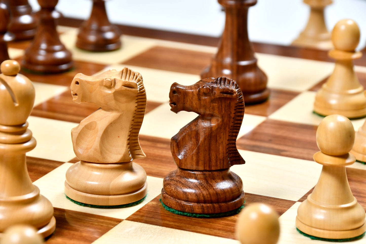 Combo of 1972 Reproduced Fischer-Spassky Staunton Pattern Chess Set V2.0 & Wooden Chess Board in Sheesham Wood & Boxwood - 3.75" King