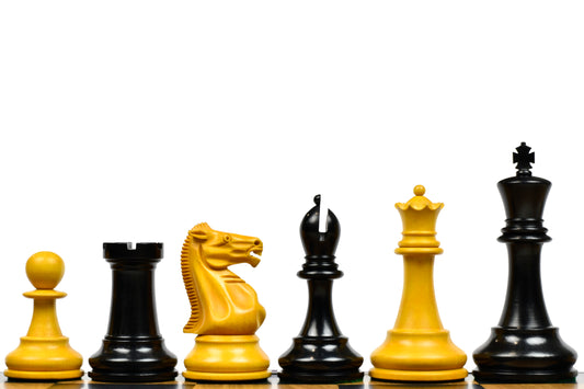 Reproduced Antique 1900 Marshall Staunton Pattern Chess Pieces in Ebony / Antiqued Box Wood with King Side Stamping - 3.75" King