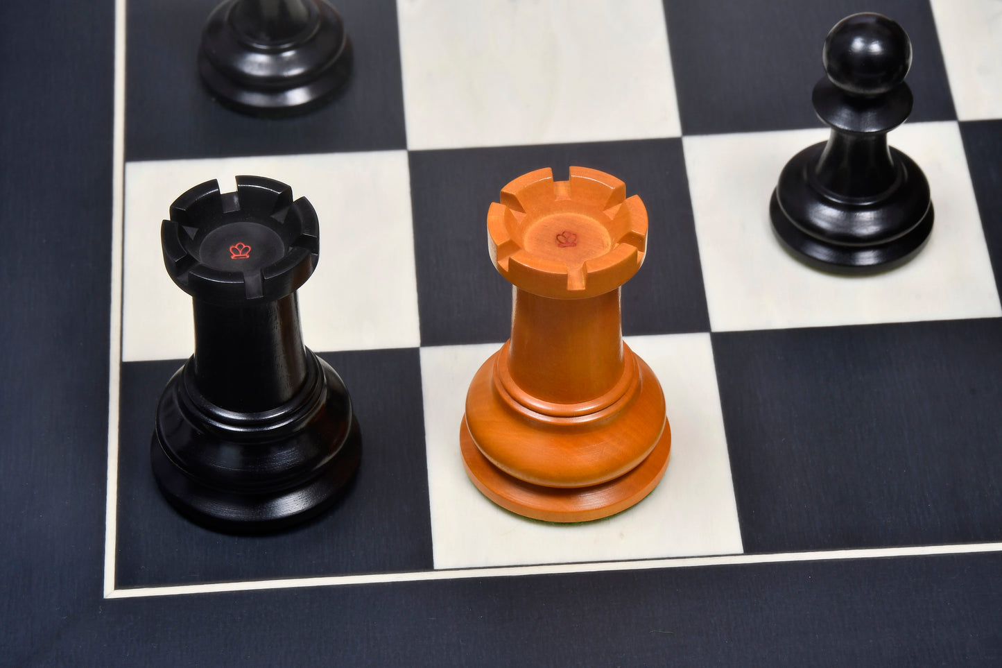 Reproduced 1850 Morphy Chess Pieces Only V2.0 in Ebony / Antiqued Box wood with King Side Stamping - 4.4" King
