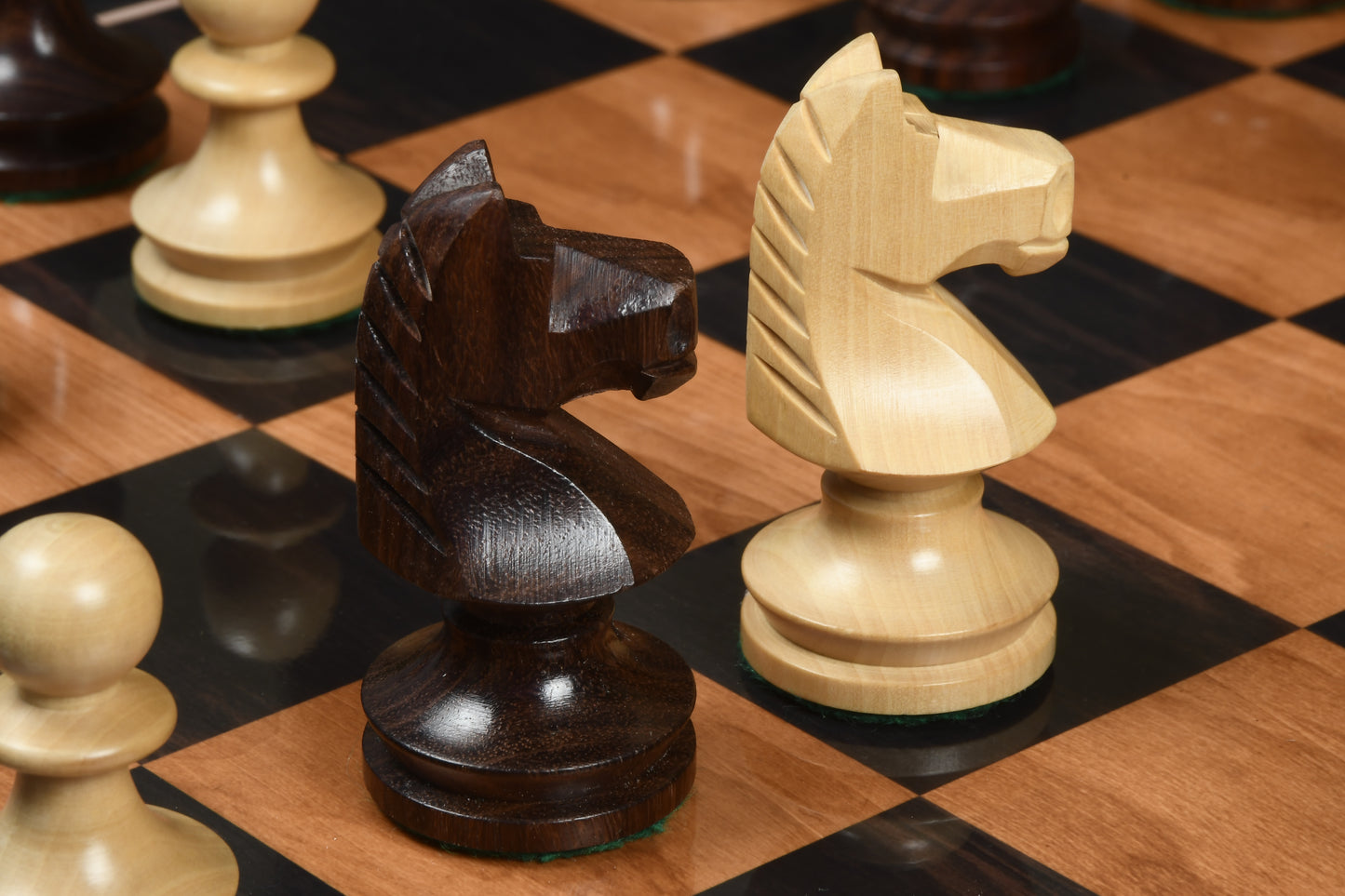 Reproduced Romanian-Hungarian National Tournament Weighted Chess Pieces in Indian Rosewood & Natural Boxwood - 3.8" King