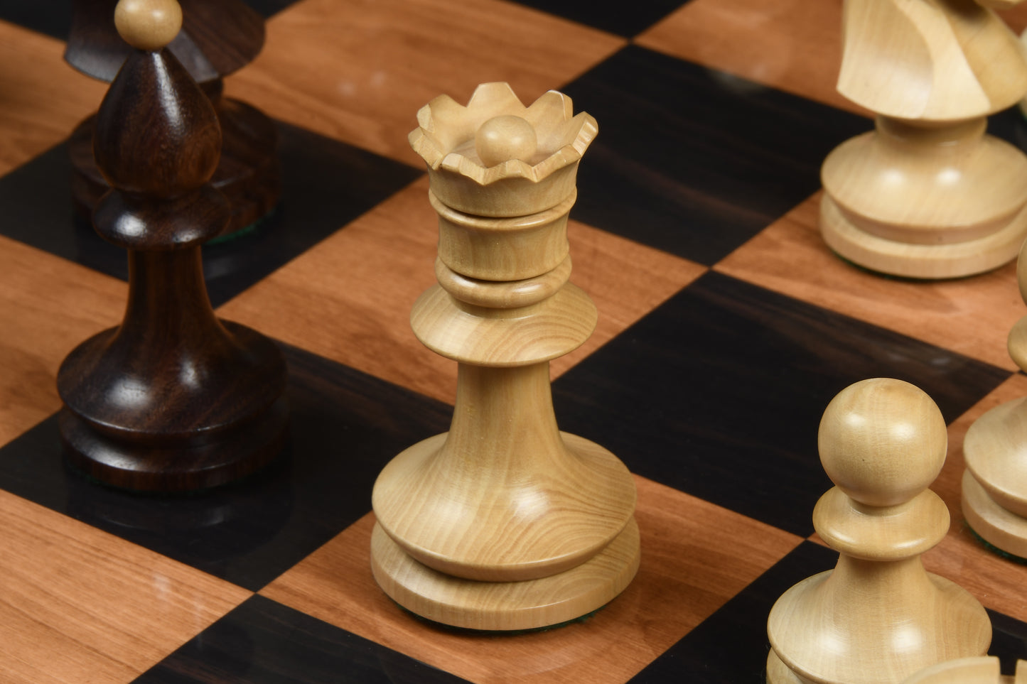 Reproduced Romanian-Hungarian National Tournament Weighted Chess Pieces in Indian Rosewood & Natural Boxwood - 3.8" King