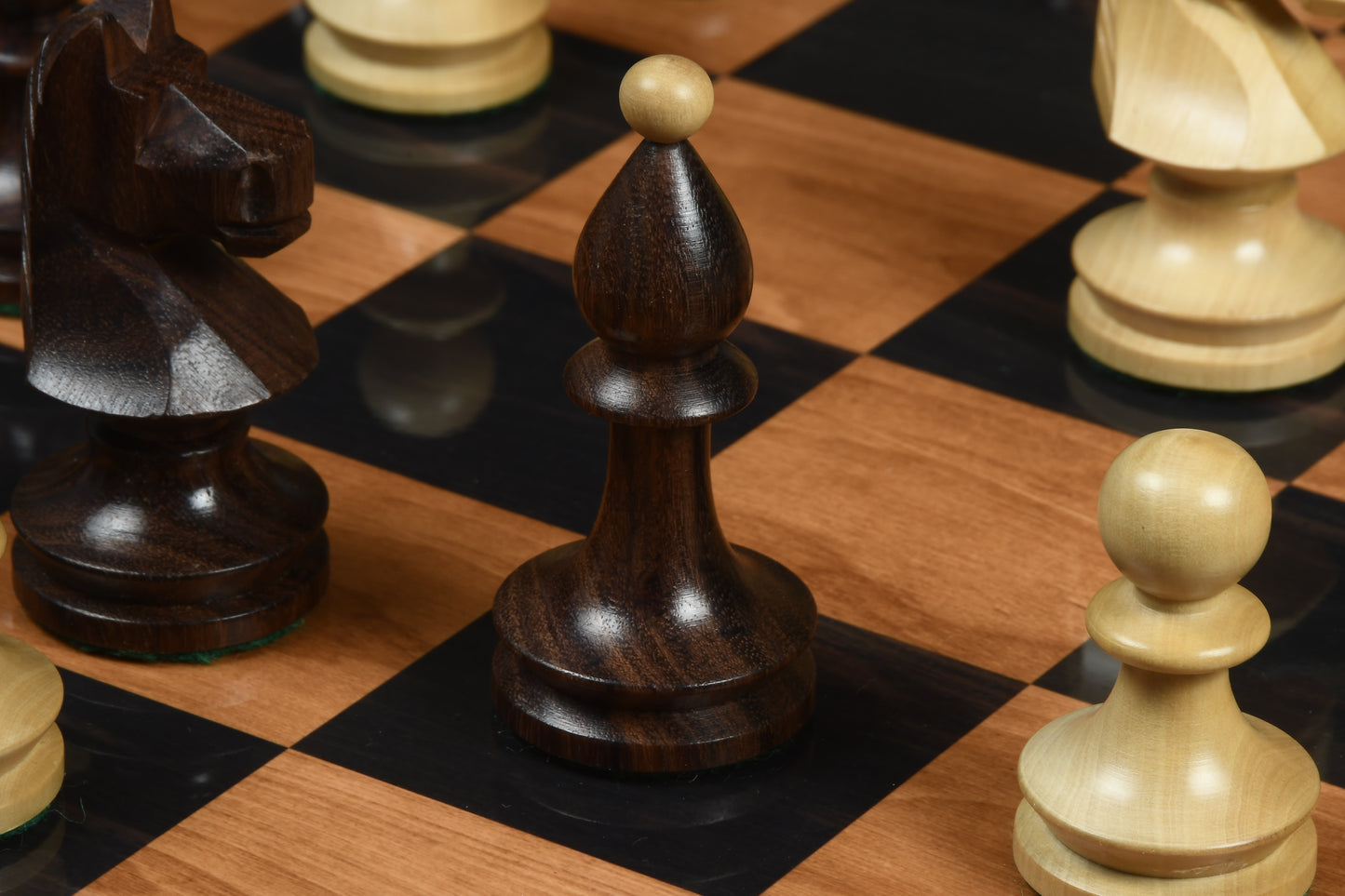 Reproduced Romanian-Hungarian National Tournament Weighted Chess Pieces in Indian Rosewood & Natural Boxwood - 3.8" King