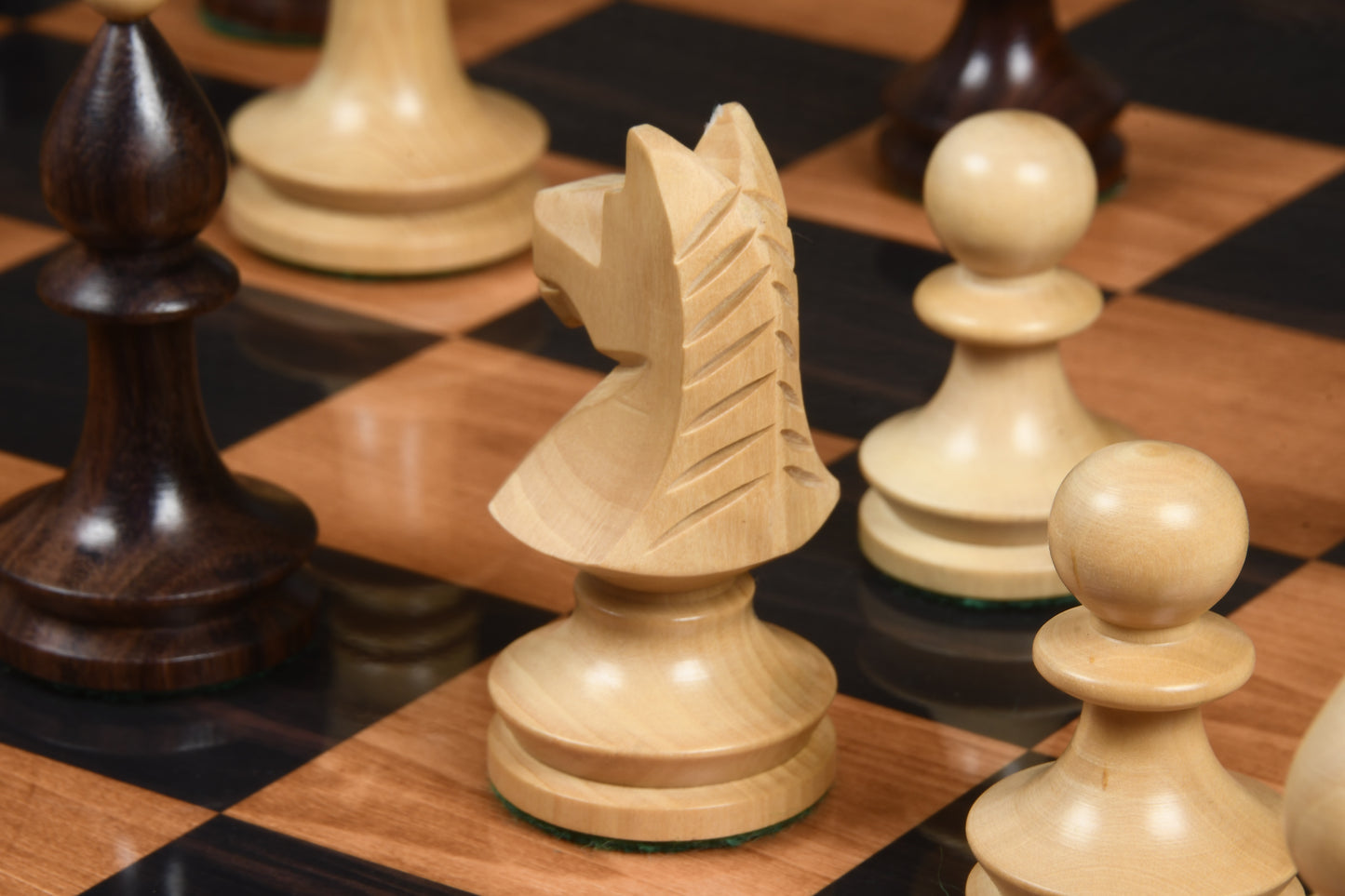 Reproduced Romanian-Hungarian National Tournament Weighted Chess Pieces in Indian Rosewood & Natural Boxwood - 3.8" King