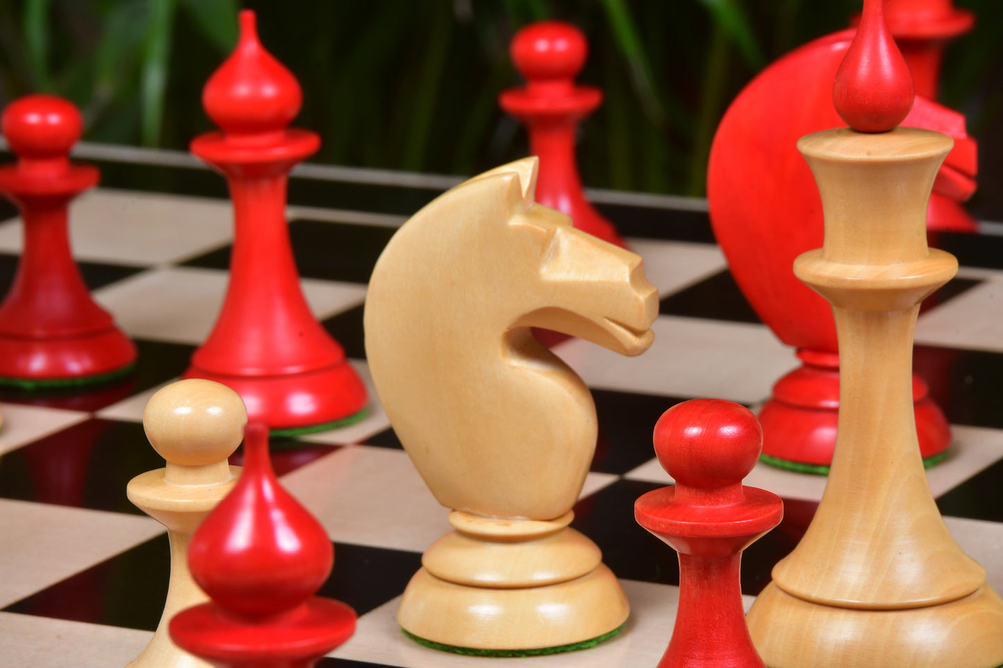 The 1950s Soviet (Russian) Latvian Reproduced Chess Pieces in Stained Crimson / Box Wood - 4.1" King