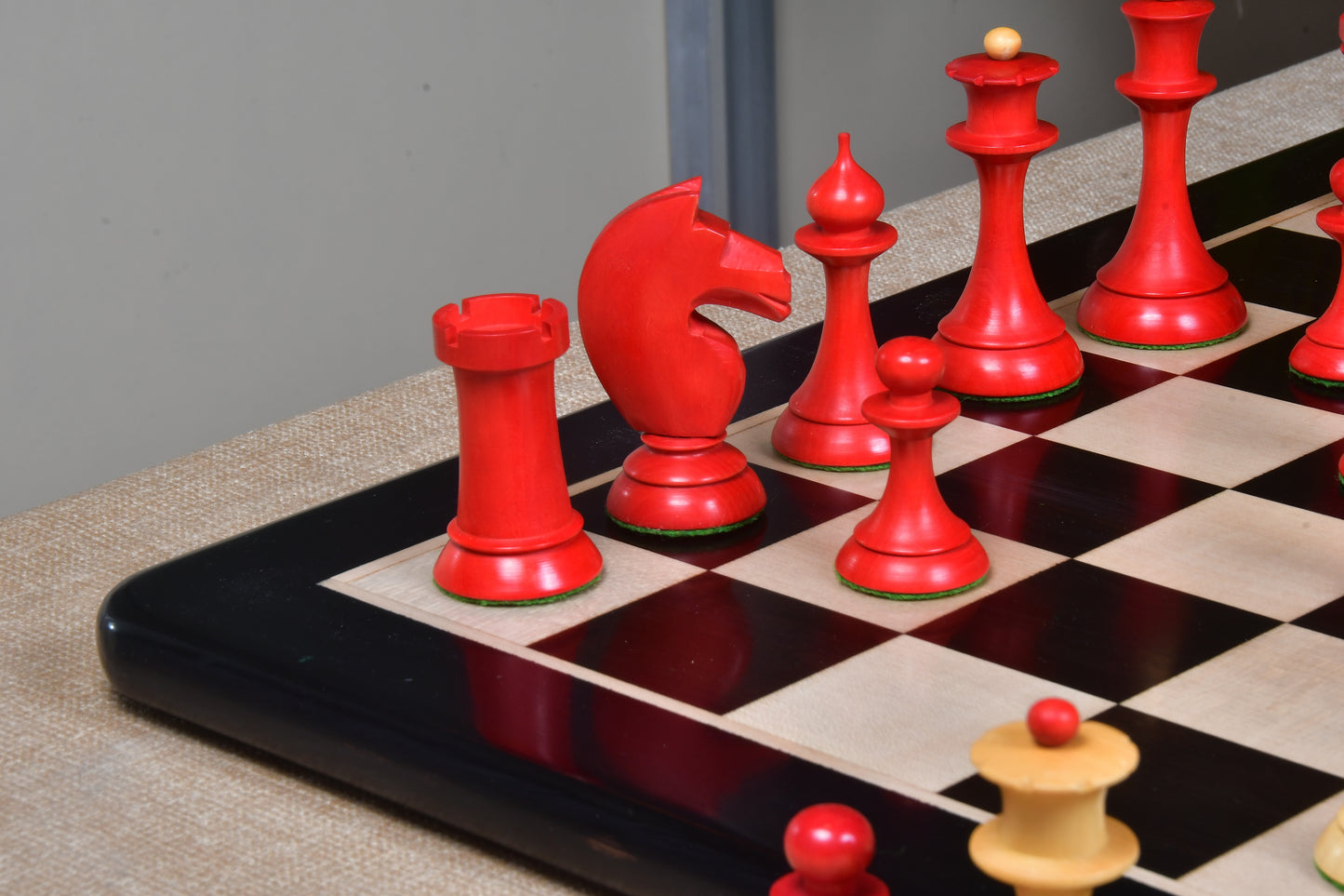 The 1950s Soviet (Russian) Latvian Reproduced Chess Pieces in Stained Crimson / Box Wood - 4.1" King
