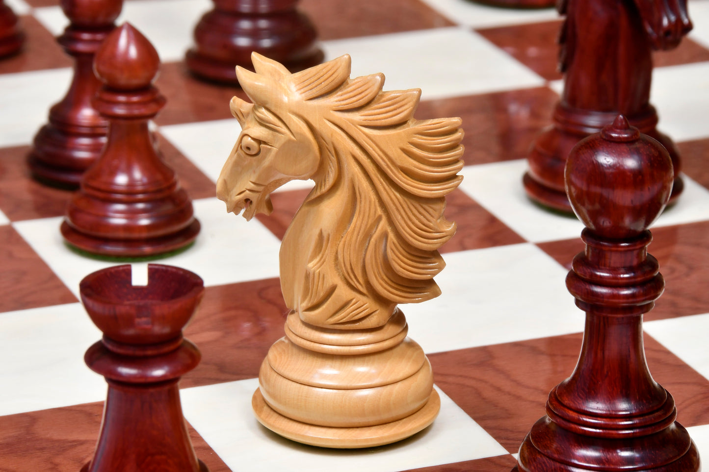 The Sher-E-Punjab Series Chess Pieces in Bud Rose Wood / Box Wood - 4.6" King