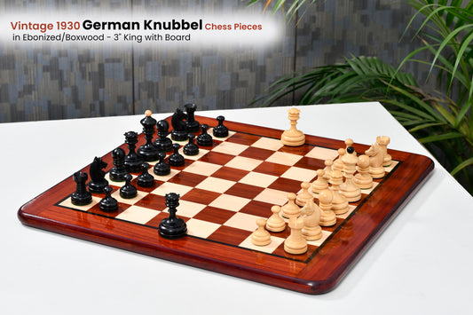 Repro Vintage 1930 German Knubbel Chess Pieces in Ebonized/Boxwood - 3" King with Board
