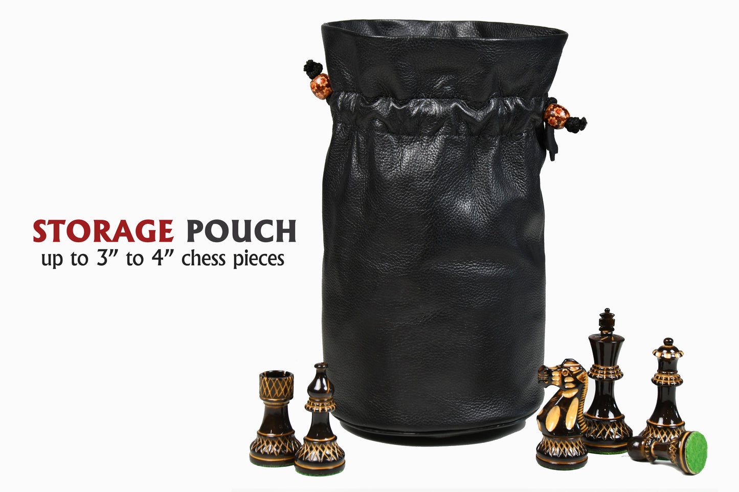 Genuine Leather Chess Set Storage Pouch for 3" to 4" King Chess Pieces