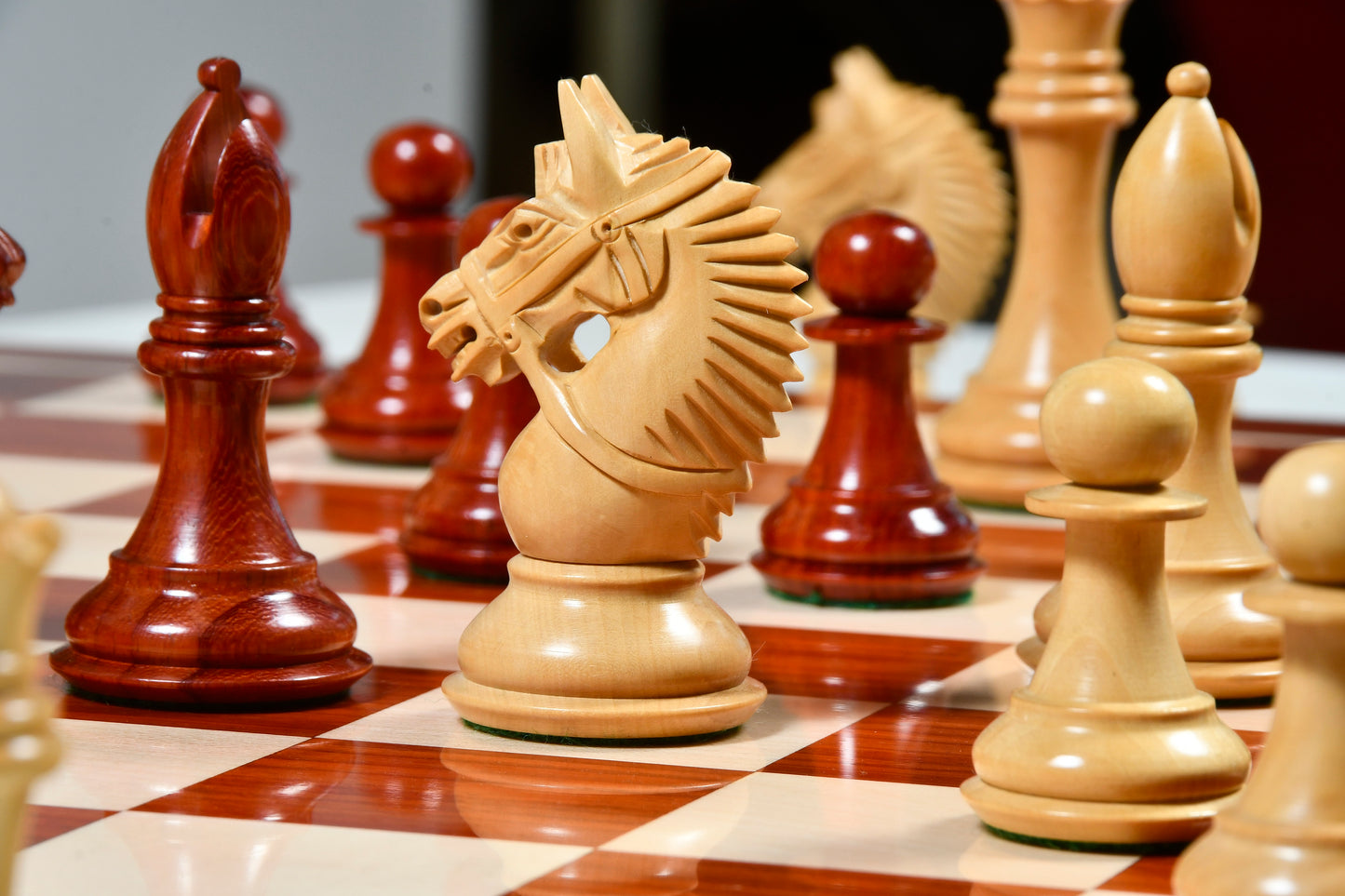 The American Bridle Triple-Weighted Chess Pieces with Extra Queen - Handcrafted in Bud Rosewood & Boxwood 4.2" King