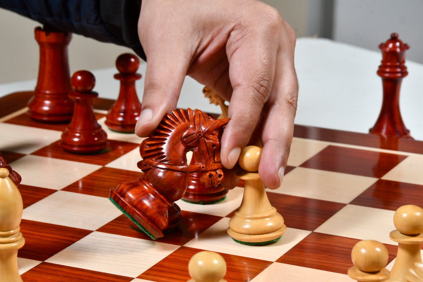The American Bridle Triple-Weighted Chess Pieces with Extra Queen - Handcrafted in Bud Rosewood & Boxwood 4.2" King