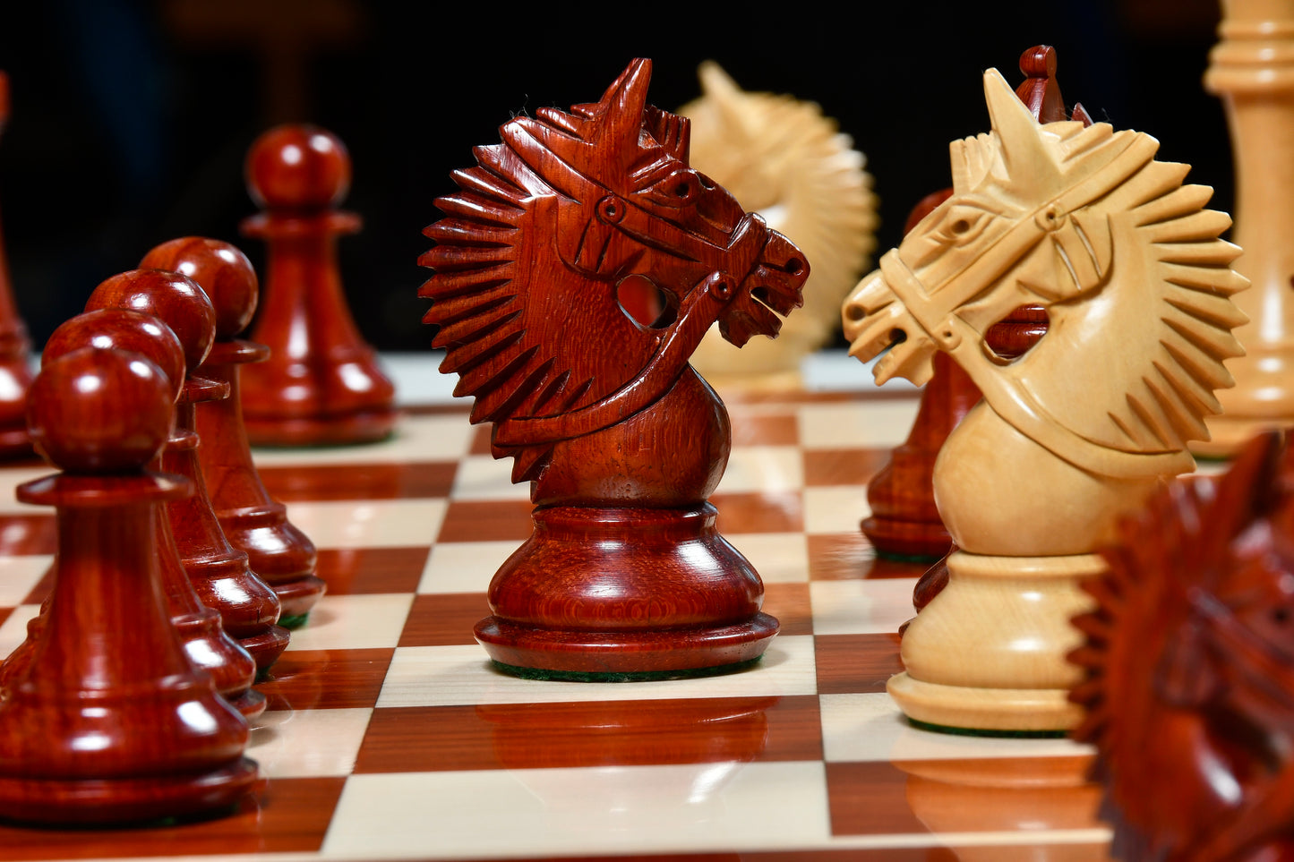 The American Bridle Triple-Weighted Chess Pieces with Extra Queen - Handcrafted in Bud Rosewood & Boxwood 4.2" King