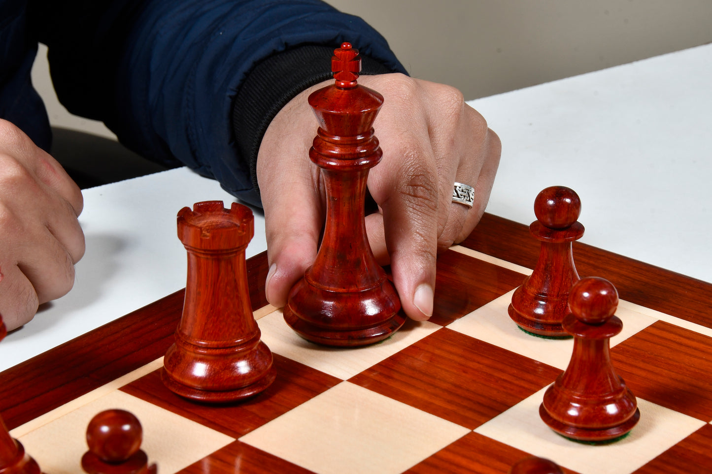 The American Bridle Triple-Weighted Chess Pieces with Extra Queen - Handcrafted in Bud Rosewood & Boxwood 4.2" King