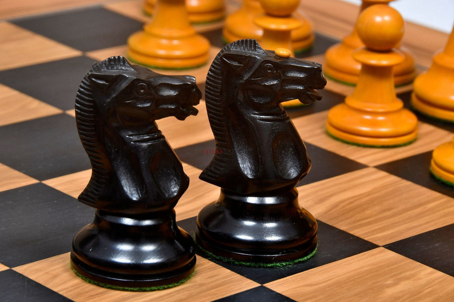 Reproduced Richard Whitty Antique Chess Pieces with King Side Stamping in Ebony / Antiqued Box wood - 3.75" King