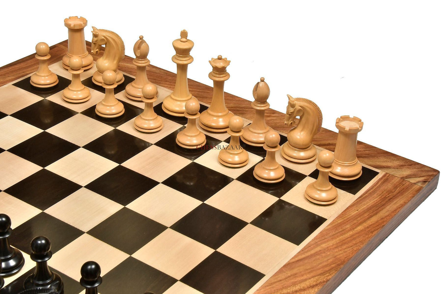 The CB Red Rum Luxury Staunton Series Chess Pieces in Ebony / Box Wood - 4.4" King