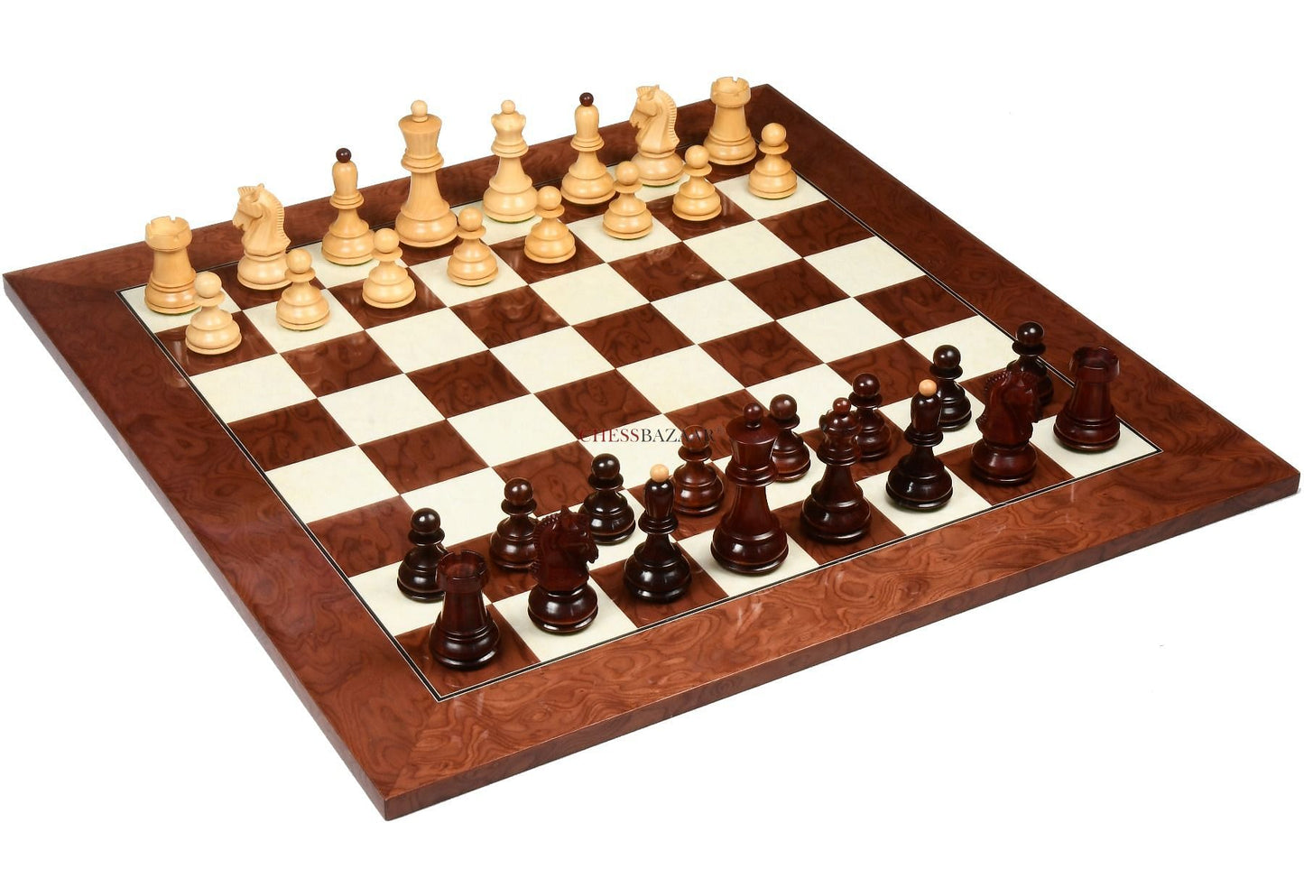 Detailed look of Dubrovnik Chessmen on a wooden chess board