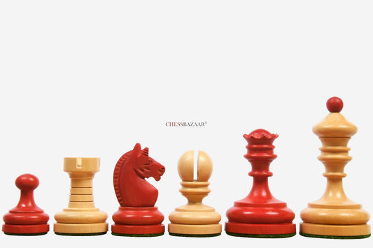 Reproduced Vintage 1930 German Knubbel Analysis Chess Pieces in Stained Crimson and Boxwood - 3" King