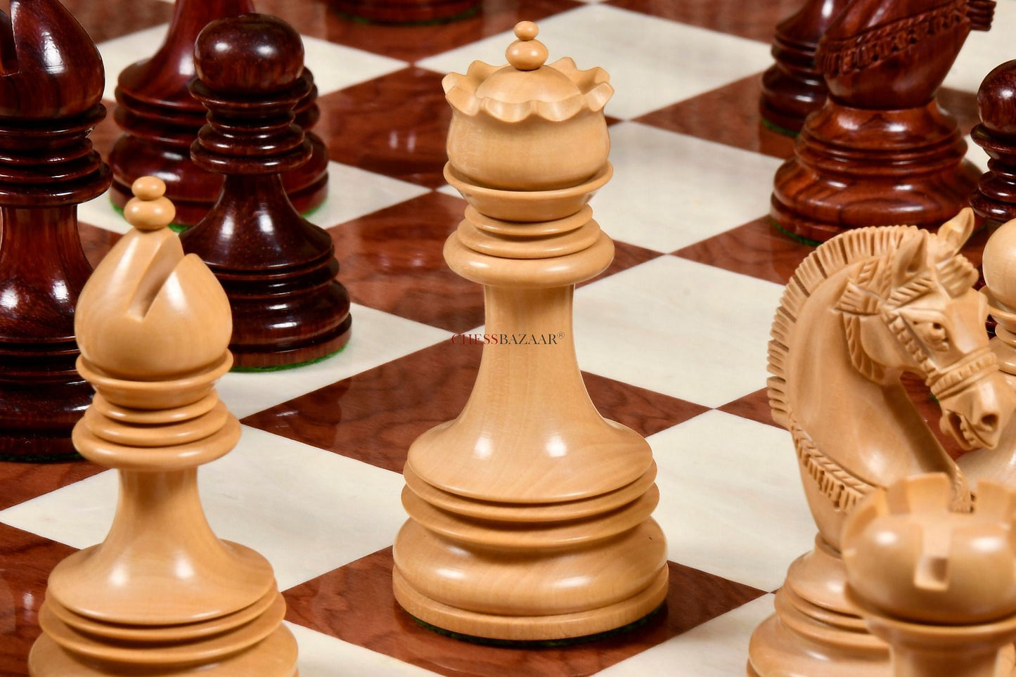 The Indian Chetak II Customized Staunton Triple Weighted Wooden Chess Pieces in Bud Rosewood & Box Wood - 4.3" King