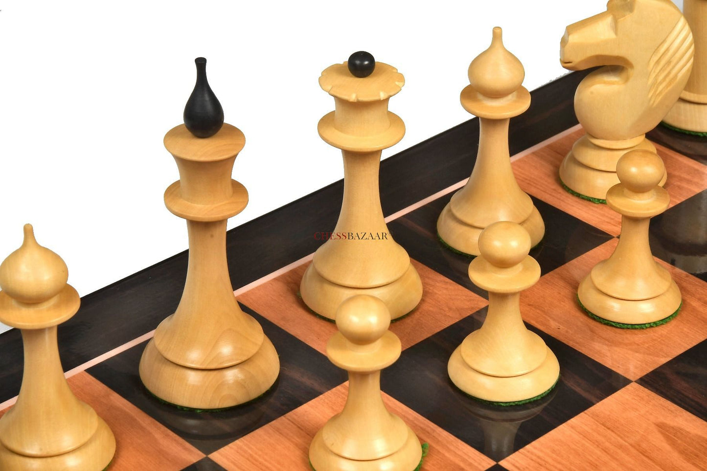 The 1950s Soviet (Russian) Latvian Reproduced Chess Pieces in Ebonized Boxwood & Natural Boxwood - 4.1" King